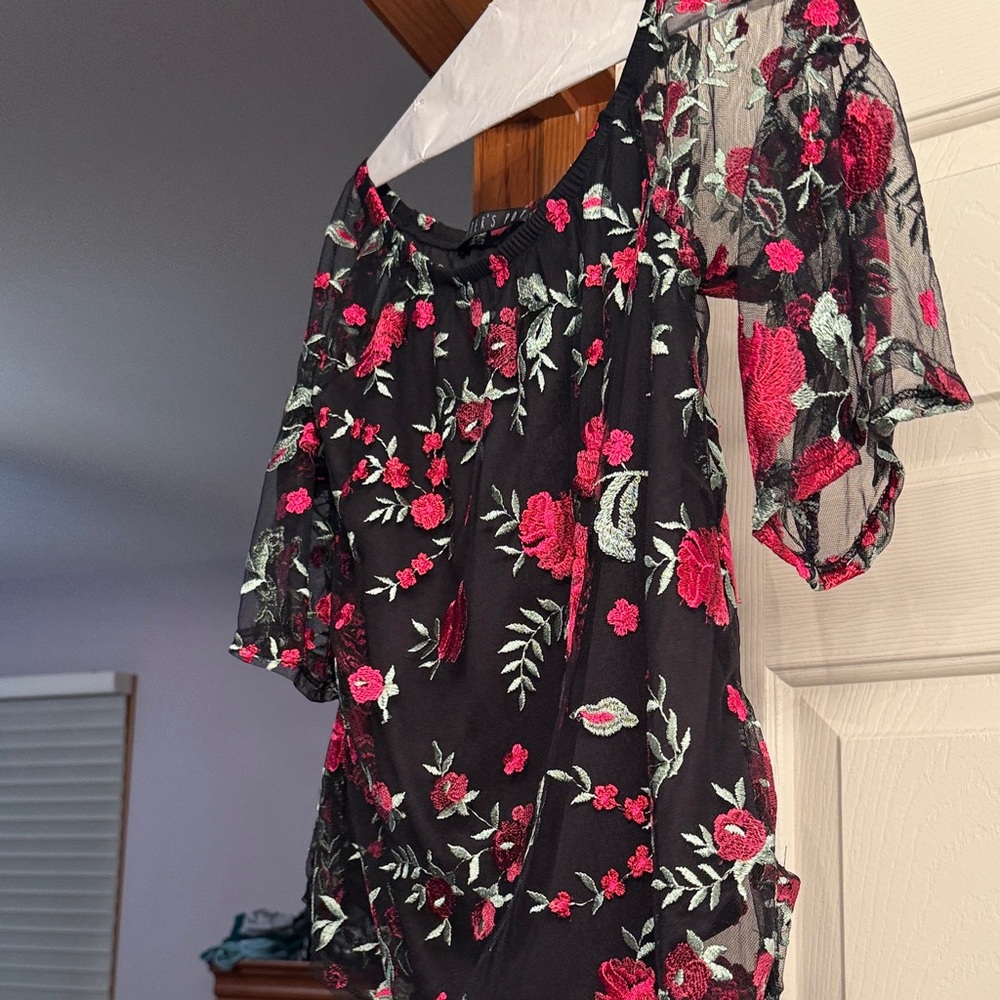 Potter's Pot Black and Pink Floral Blouse.  Sheer sleeves